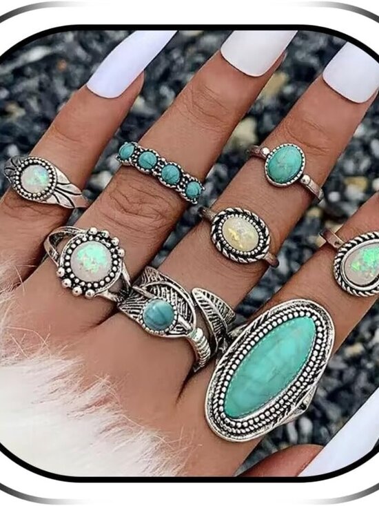 Jewelry - Turquoise Ring Set for Women Western Jewelry Silver Statement Vintage Rings Stac